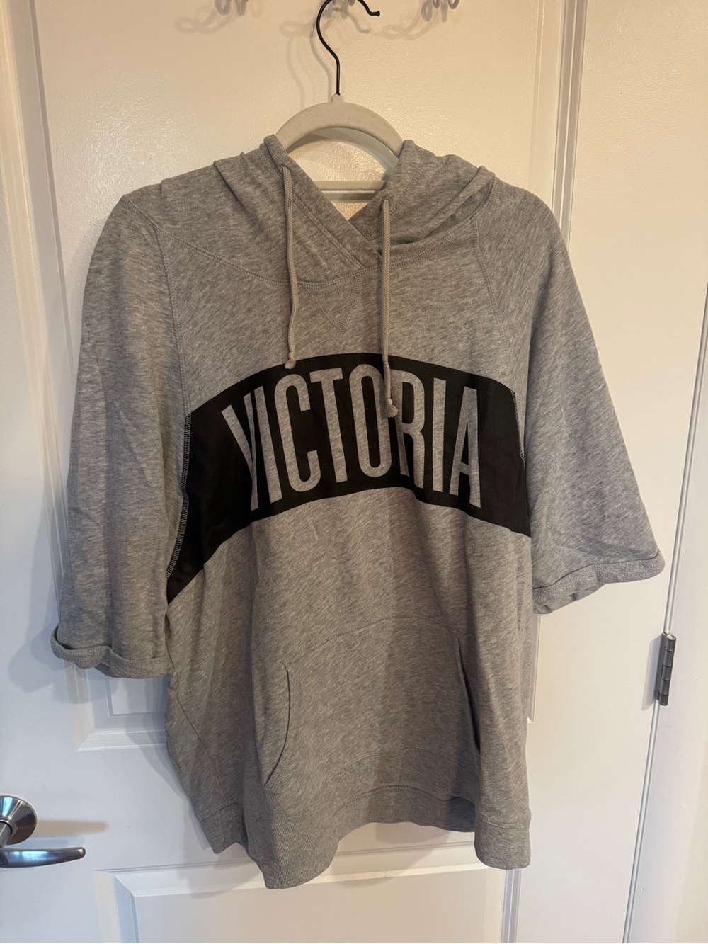 Victoria's Secret Grey Short-Sleeve Hooded Sweatshirt with Black Logo